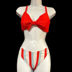 Red Bikini Top + Striped Cheeky Thong Bottom Set - Unknown Brand & Size